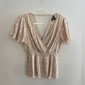 EXPRESS Gold Metallic Pleated Flutter Sleeve Peplum Top